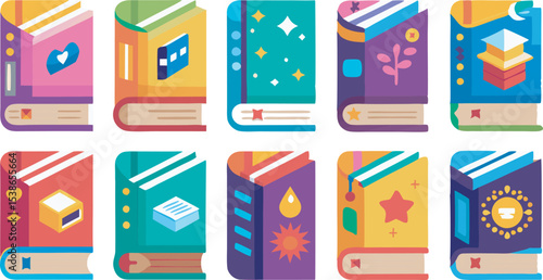 This collection of images depicts various open and closed books in different angles and perspectives