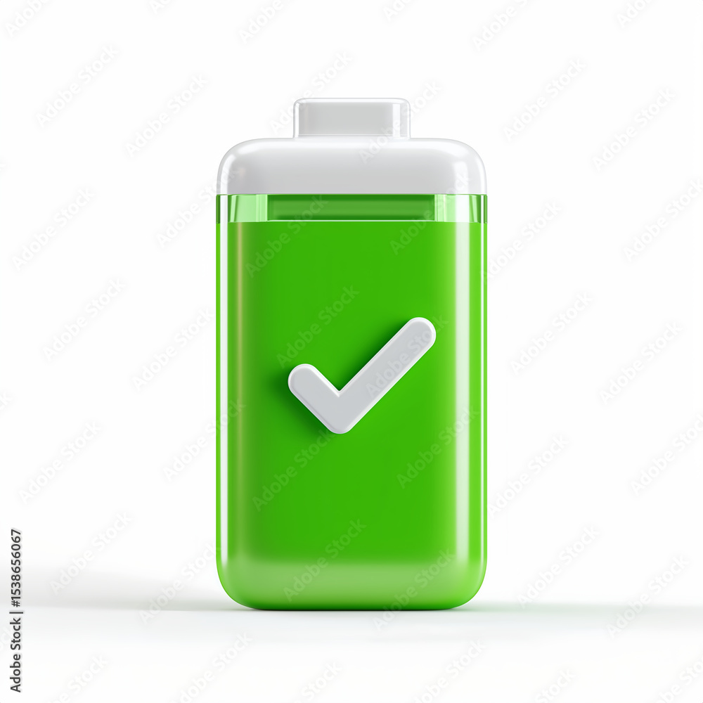 Tilted Green Cylindrical Battery Icon with Bright Yellow Check Mark, 3D Energy Technology Concept Illustration Tilted Green Cylindrical Battery Icon with Bright Yellow Check Mark, 3D Energy Technology Concept Illustration