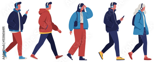 Flat vector individuals with headphones walking in downtown area