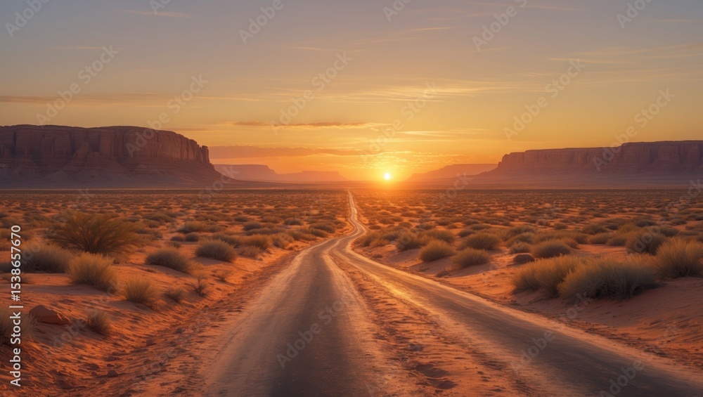 Fototapeta premium A desert sunset road could be found in the middle of nowhere if there is no greenery or water, with a dirt pavement on the ground. This is a painting.