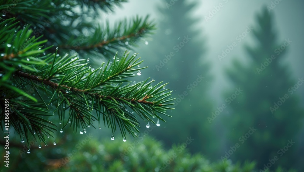 Obraz premium Details of a wet pine tree immediately after rain, capturing a moody atmosphere along with the fresh scent of pine woods in the morning in eastern Bohemia.