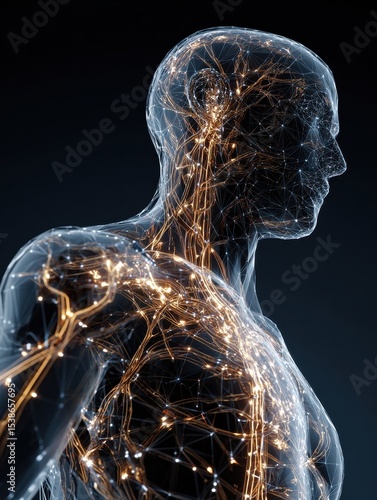 Stylized Wireframe Representation of a Human Body Highlighting the Nervous System in an Artistic Visualization of Anatomy