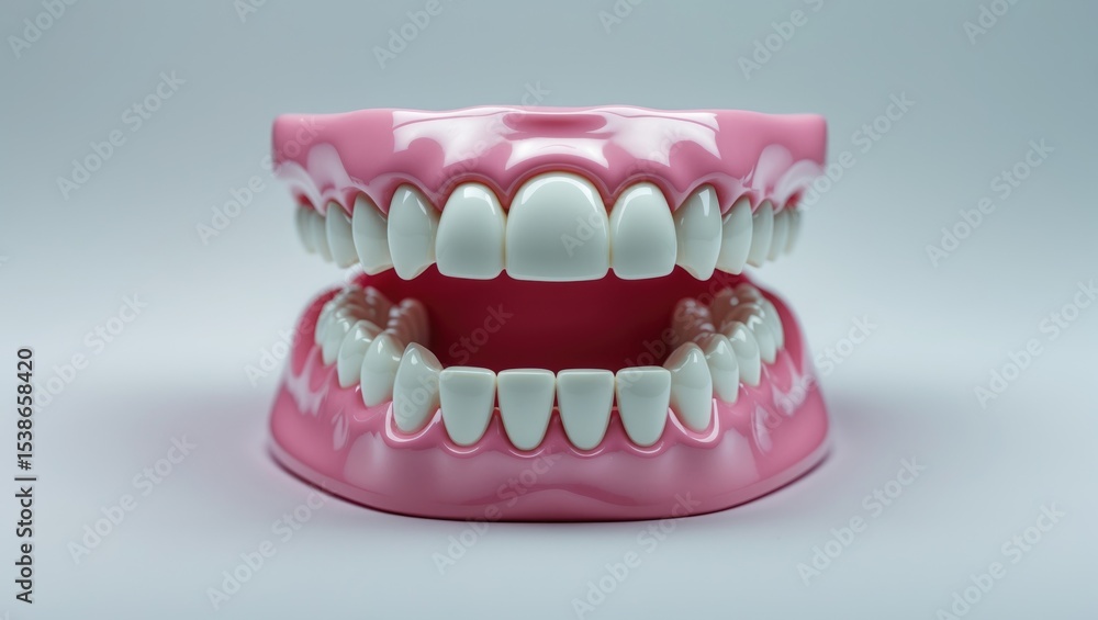 Obraz premium Dental model of teeth top view isolated on background, showing artificial crowns, gums, and implants.
