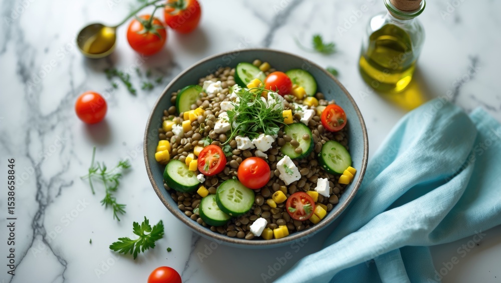 Delicious salad featuring lentils, feta cheese, and vegetables arranged on table, flat lay. Banner design with room for text. Delicious salad featuring lentils, feta cheese, and vegetables arranged on table, flat lay. Banner design with room for text.