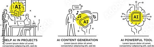 Set of illustrations artificial intelligence helps humans. technology, partnership, artificial intelligence business robot, cybes. linear illustration Icons infographics. Landing page site print