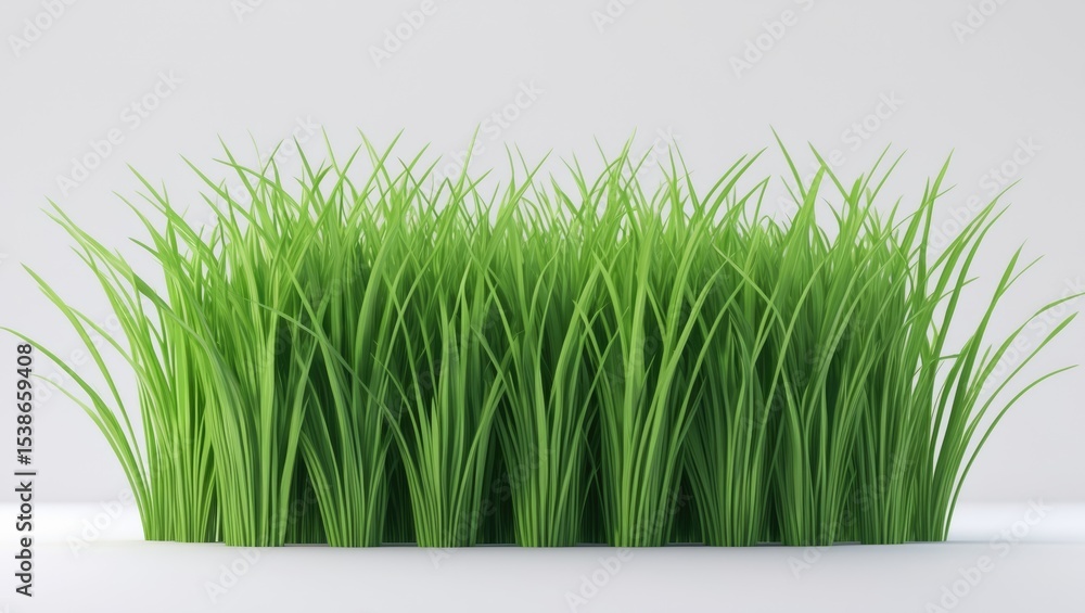 Obraz premium Fresh green yellow grass blades in a row with selective blur on a white background, serving as a texture template overlay for floral decoration.