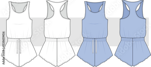 Women relaxed fit overalls, Fashion Technical Drawing, Flat Sketch, illustration. Home Wear, Sleep wear front and back view. CAD, Mockup set.