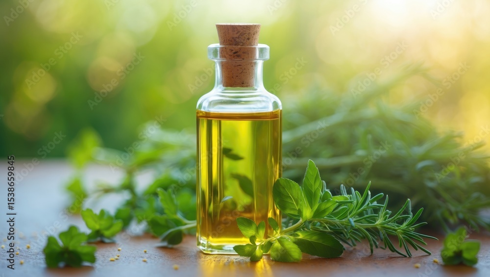 Fototapeta premium Pure essential oil featuring a Rosemary Sprig isolated on a white background