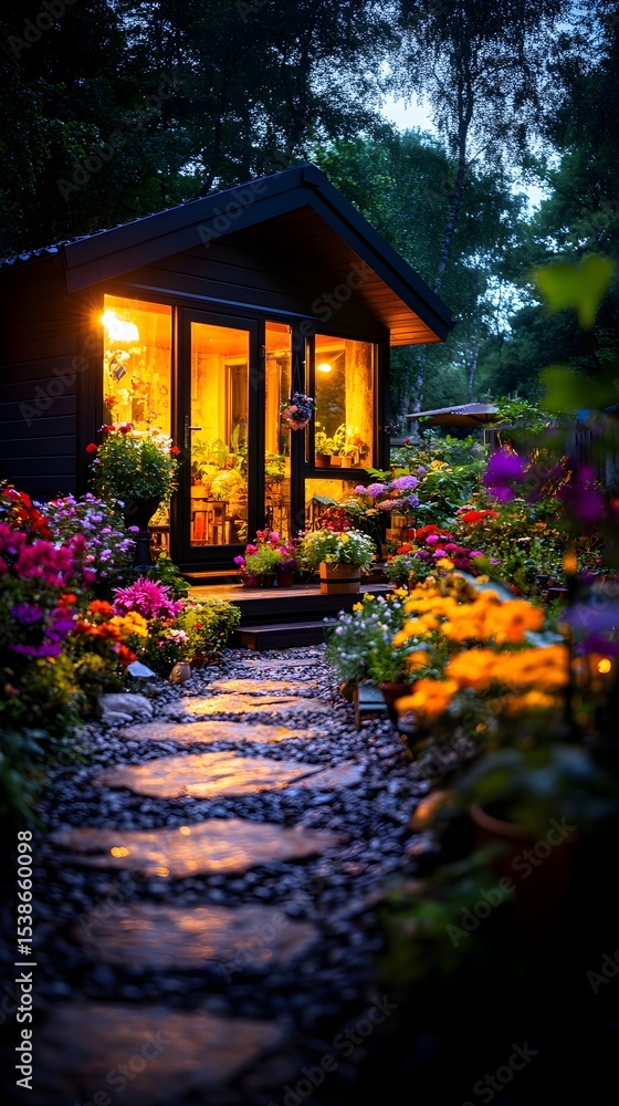 Fototapeta premium Illuminated garden shed, stone path, twilight flowers, peaceful retreat