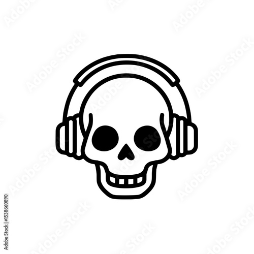Skull wearing headphones line icon on white background