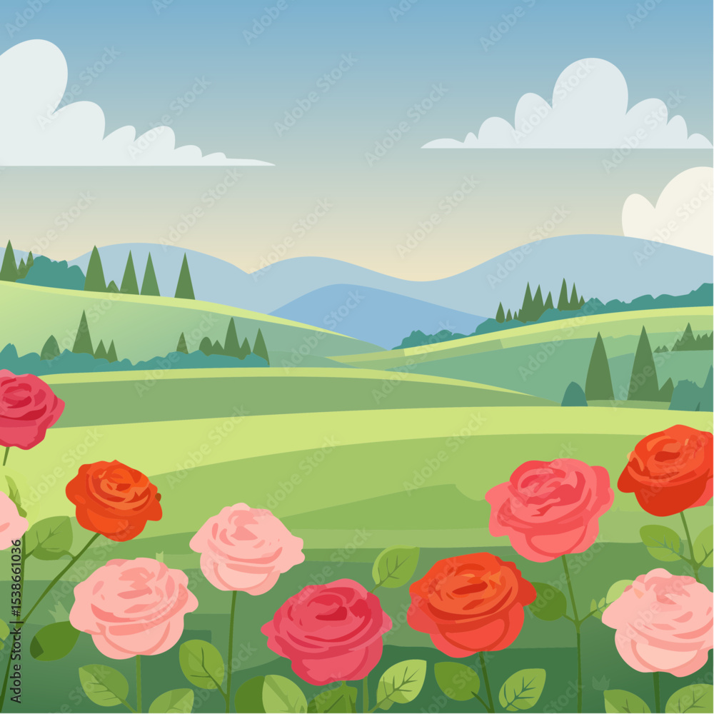 Fototapeta premium Serene Rose Garden Landscape Rolling Hills and Blooming Roses