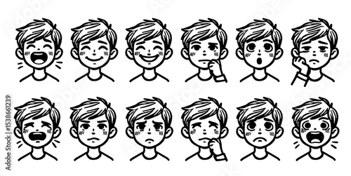 Kids emotions set in cartoon style. Cute boy faces expressions collection. Emotional intellect poster for children. Vector illustration
