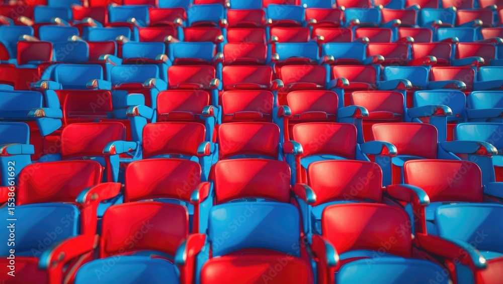 Naklejka premium Empty Auditorium Seating Rows In An Interior Venue Featuring Rows Of Blue And Red Chairs