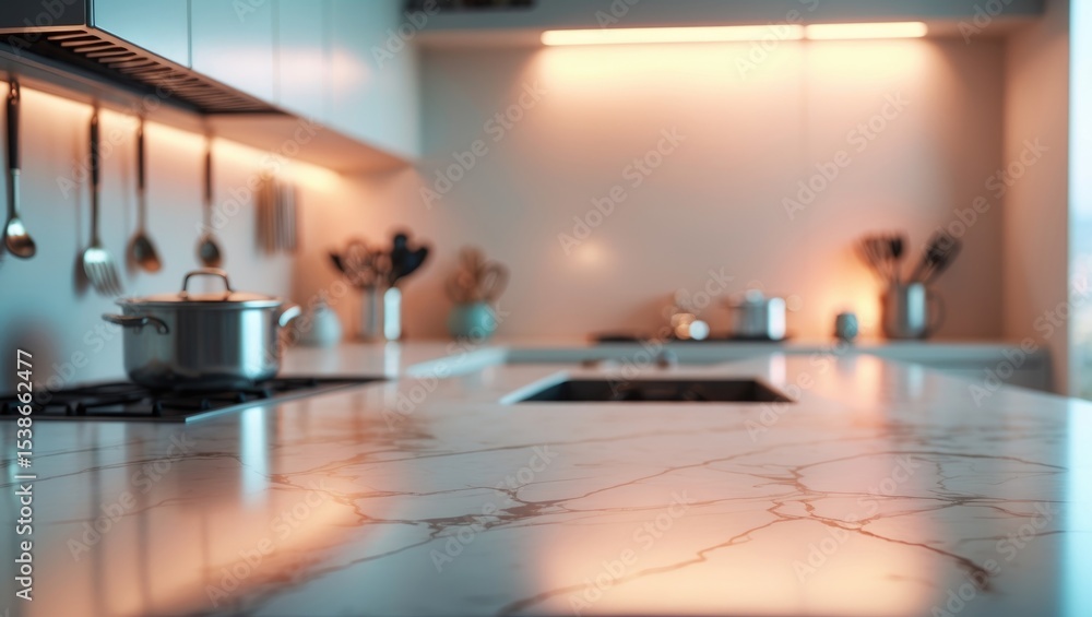 Obraz premium Empty top White marble Table displayed for product presentation with a blurred kitchen interior background.