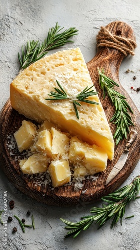 Delicious cheese served with fresh herbs on a rustic wooden board in a cozy kitchen setting
