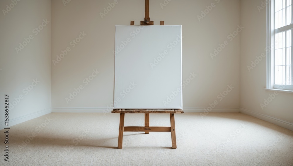 Empty white room with carpeted floor and an empty canvas on an easel. Empty white room with carpeted floor and an empty canvas on an easel.