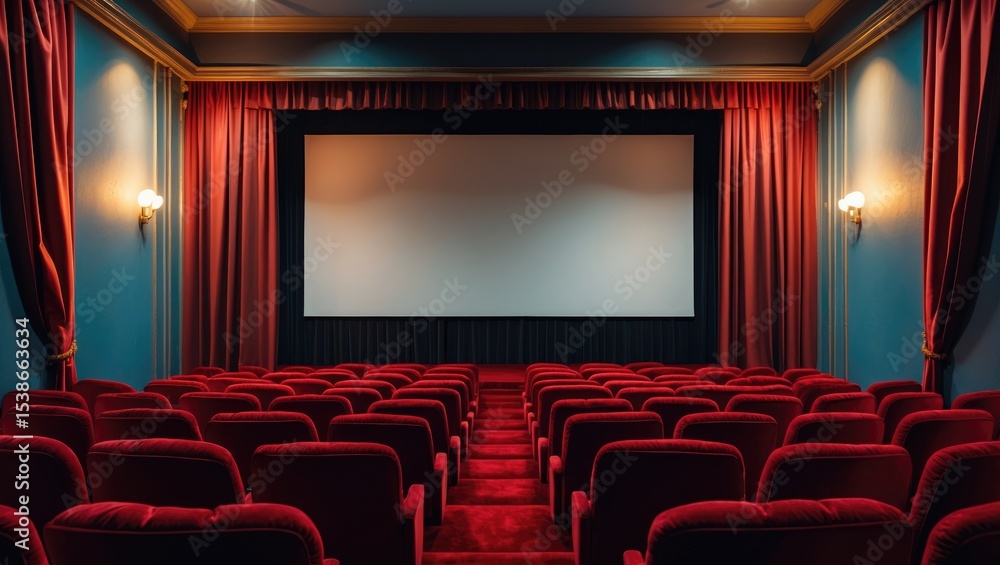 Fototapeta premium Empty cinema auditorium with line of chairs and projection screen. Prepared for inserting your own picture. Front perspective.