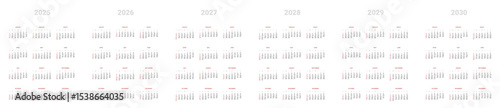 Set of annual Calendar Templates 2025, 2026, 2027, 2028, 2029, 2030. Vector layout of wall or desk simple minimal calendar with week start on Sunday. Weekends highlighted in red. Page A4 -21x29.7 