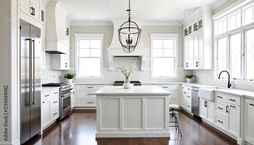 A pristine white kitchen showcases a blend of modern and rustic elements. Shaker style cabinetry, painted in a bright white, reaches the ceiling, maximizing storage and creating a sense of grandeur