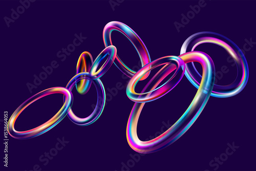  3D glass rings on dark background. Colorful transparent geometric shape in glassmorphism style