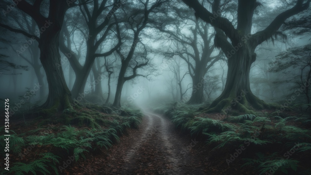 Obraz premium Fairy tale trail through foggy forest. Fantasy eerie landscape in woodland.