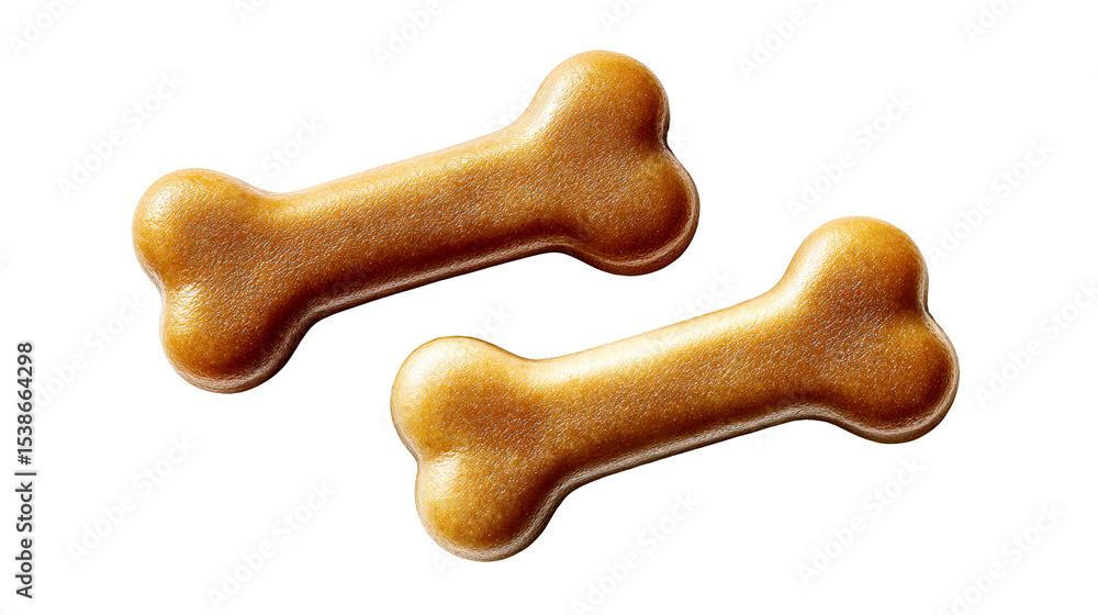Two bone shaped dog treats are displayed with a shiny surface Two bone shaped dog treats are displayed with a shiny surface