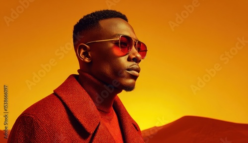 A man in redtinted glasses and a matching outfit poses against a golden desertlike backdrop