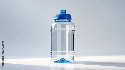 Big Blue Transparent Pet plastic water bottle for cooler. 19 liter, 5 gallon refillable plastic water BPA free jug dispenser. Home and office mineral water delivery concept. Studio shot.
