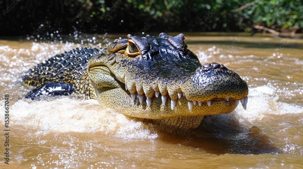 Obraz premium Croc emerging from water, jungle background