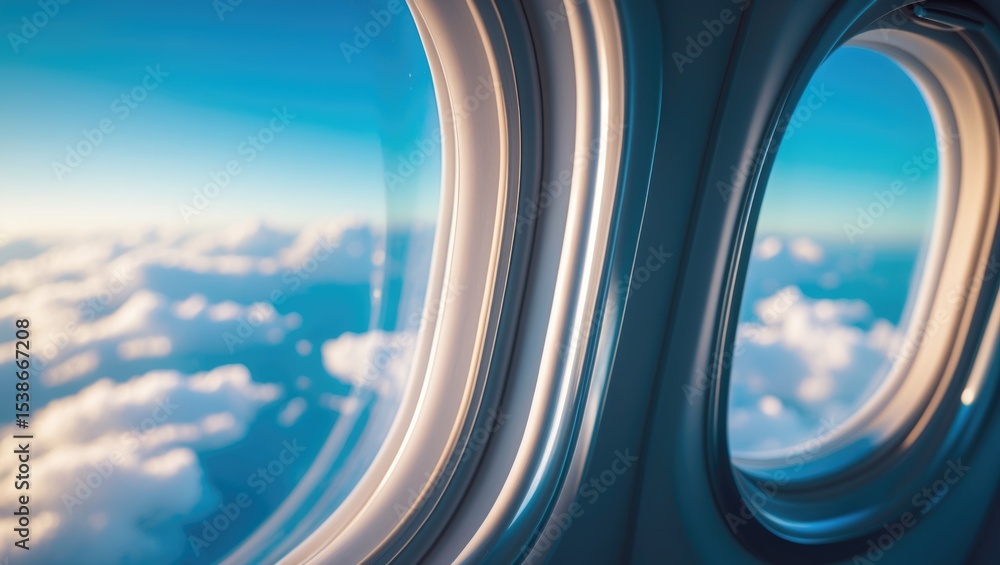 Fototapeta premium A close-up shot of an airplane window, with the sky reflected in the glass. The image highlights the details of the window frame and the surrounding area, providing a sense of perspective.