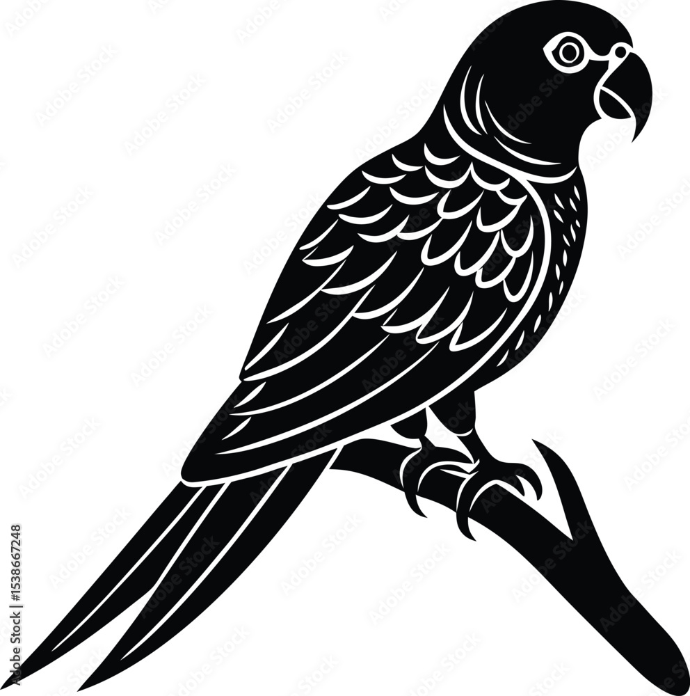 Fototapeta premium Perched exotic parrot silhouette in clean black design