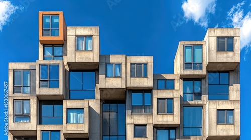 Modern modular apartment building with stacked cubic units featuring large windows under a clear blue sky background.