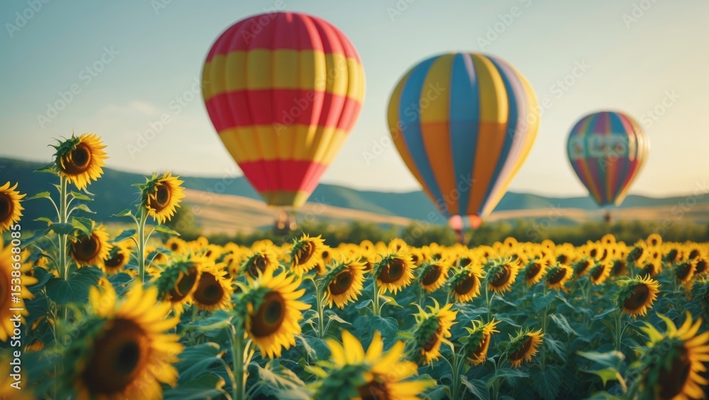 Fototapeta premium Balloon flying above blooming sunflowers in the field, landscape and balloon during the evening. Balloon over sunflower plantations at the Faculty of Agriculture, Chiang Mai University.