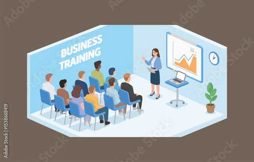 Diverse group of attendees participating in a business training session with a female presenter