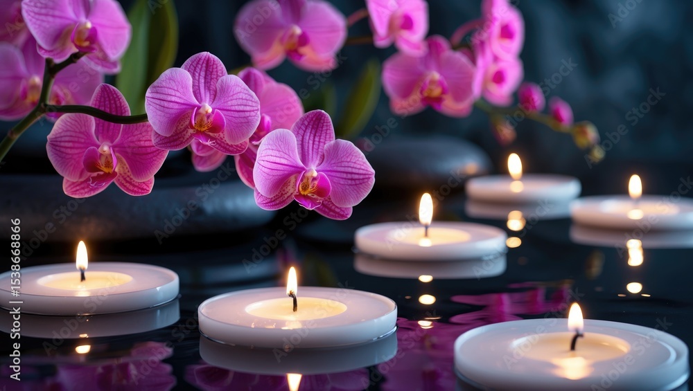 Floating candle and orchid flower as decorative elements. Floating candle and orchid flower as decorative elements.