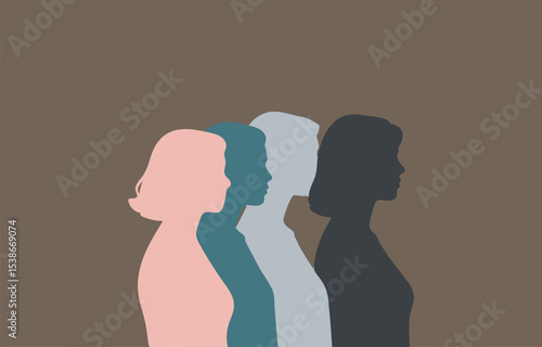 Abstract silhouettes of four women in profile view against a muted brown background