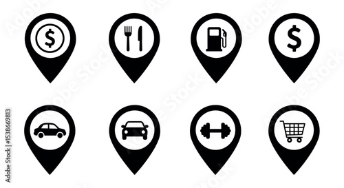 Set of location icons for shopping, dining, gas station, and parking services vector illustration