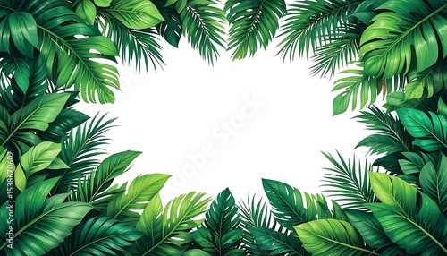 Green tropical leaves forming a natural frame on white background. Monstera, palm, and banana leaves in vibrant shades. Perfect for summer designs, invitations, posters, or background use.
