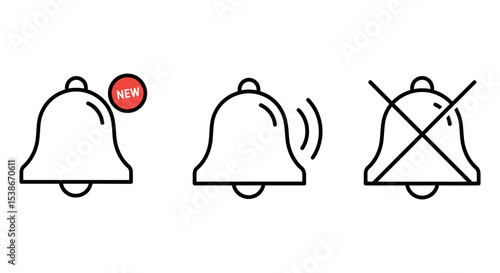 Notification bell icons indicating new alerts, active notifications, and mute options vector illustration