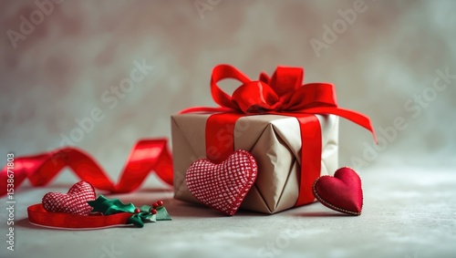 Background featuring gift and hearts with free space for text on concrete grey surface. Valentines day theme. Mother's Day theme. Greeting card. Copy space. Flat lay, top view.