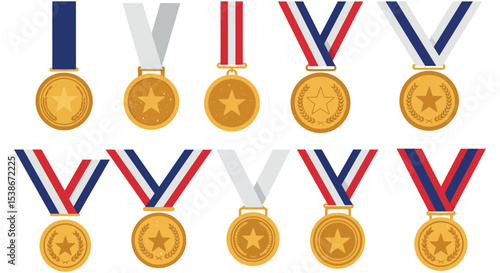Gold and silver medals collection with ribbons for sports awards and achievements vector illustration
