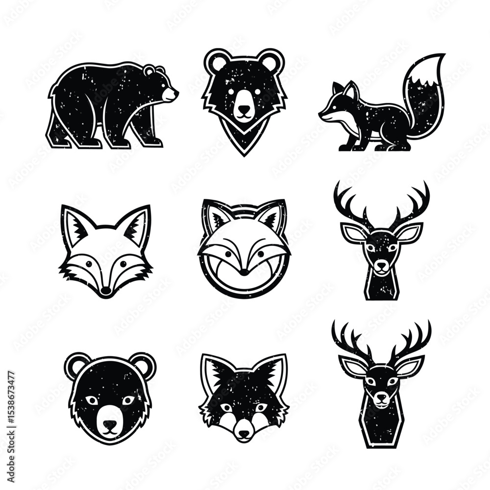 Obraz premium Nine distressed black and white forest animal icons