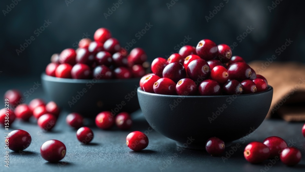 Dark mood food photography featuring large red cranberries, dark clay mugs, and a moody black background. Copy space. Dark mood food photography featuring large red cranberries, dark clay mugs, and a moody black background. Copy space.