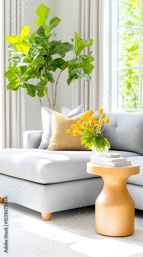 Sunlit living room sectional, yellow tulips, side table, window view
