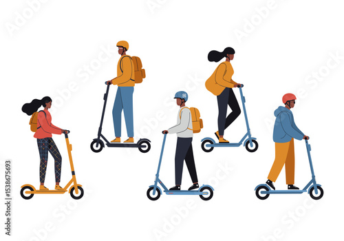 Flat vector people riding electric scooters in the city