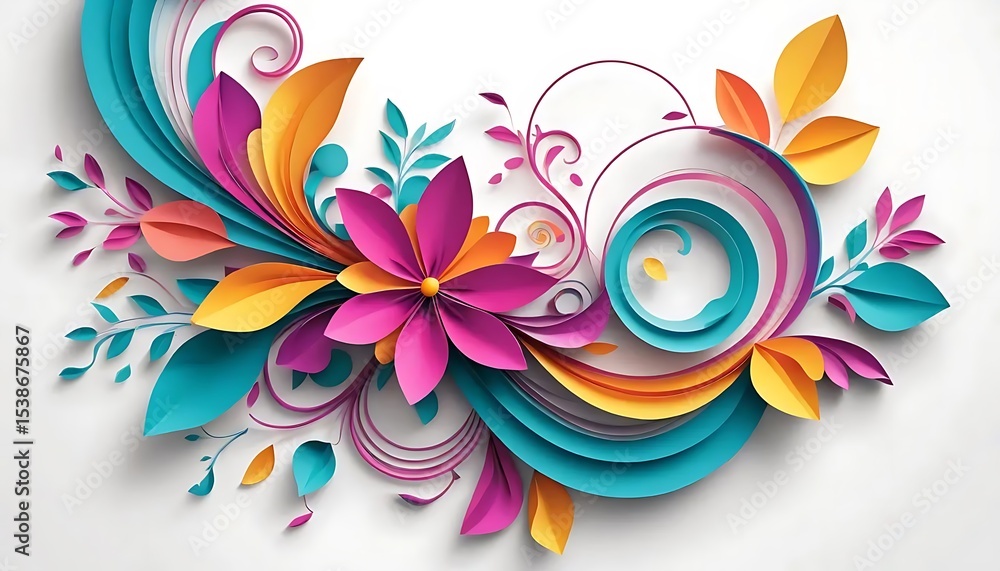 Obraz premium Bright 3D paper art floral design with vibrant teal, orange, pink, and yellow flowers on white background. Ideal for spring themes, greeting cards, or decorative artwork.