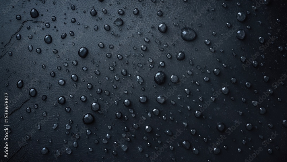 Dark gray black slate background featuring water drops or natural stone texture. Close-up of a black board for serving. Dark gray black slate background featuring water drops or natural stone texture. Close-up of a black board for serving.