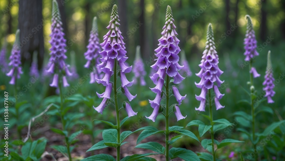Fototapeta premium Early summer forest scene featuring a common foxglove with stunning purple blooms