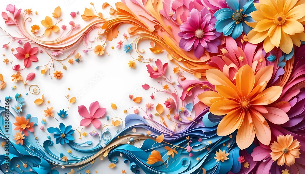 Bright 3D paper art floral design with vibrant teal, orange, pink, and yellow flowers on white background. Ideal for spring themes, greeting cards, or decorative artwork. Bright 3D paper art floral design with vibrant teal, orange, pink, and yellow flowers on white background. Ideal for spring themes, greeting cards, or decorative artwork.