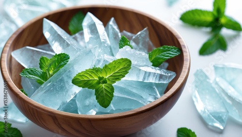 Crystal menthol in a wooden bowl and fresh peppermint leaf on top against a white background.